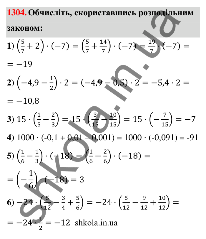 Завдання 1304 Відповідь до завдання 1304 (с. 92) з математики для 6 класу (Тарасенкова, 2023), частина 2: 26. Множення раціональних чисел
