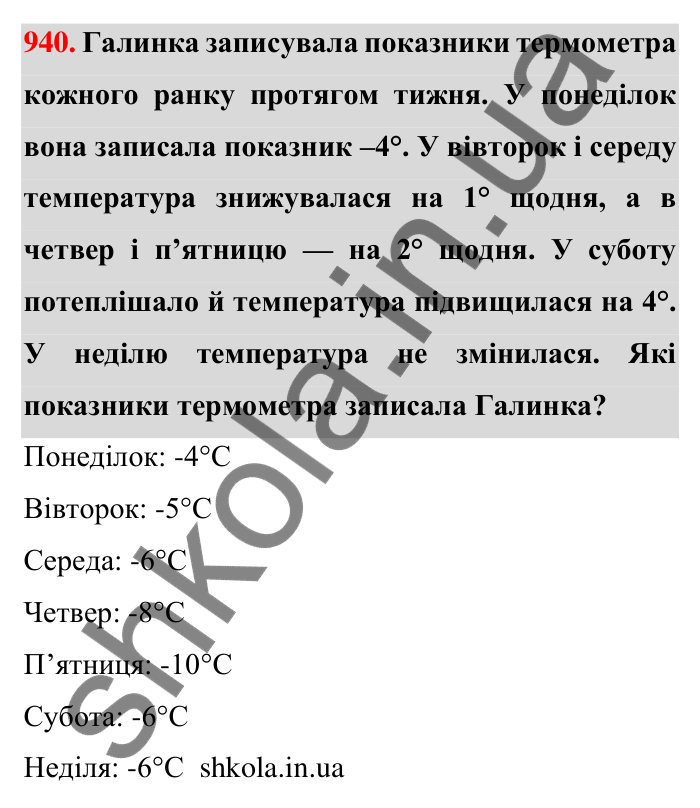 Завдання 940 Відповідь до завдання 940 (с. 11) з математики для 6 класу (Тарасенкова, 2023), частина 2: 19. Додатні та від’ємні числа. Число нуль