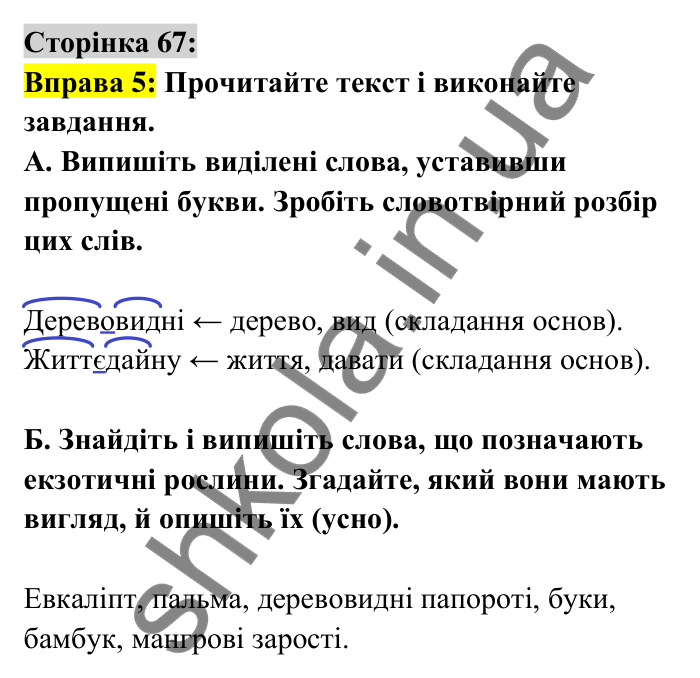 Відповідь до вправи 5 сторінка 67 ГДЗ Українська мова 6 клас Авраменко 2023