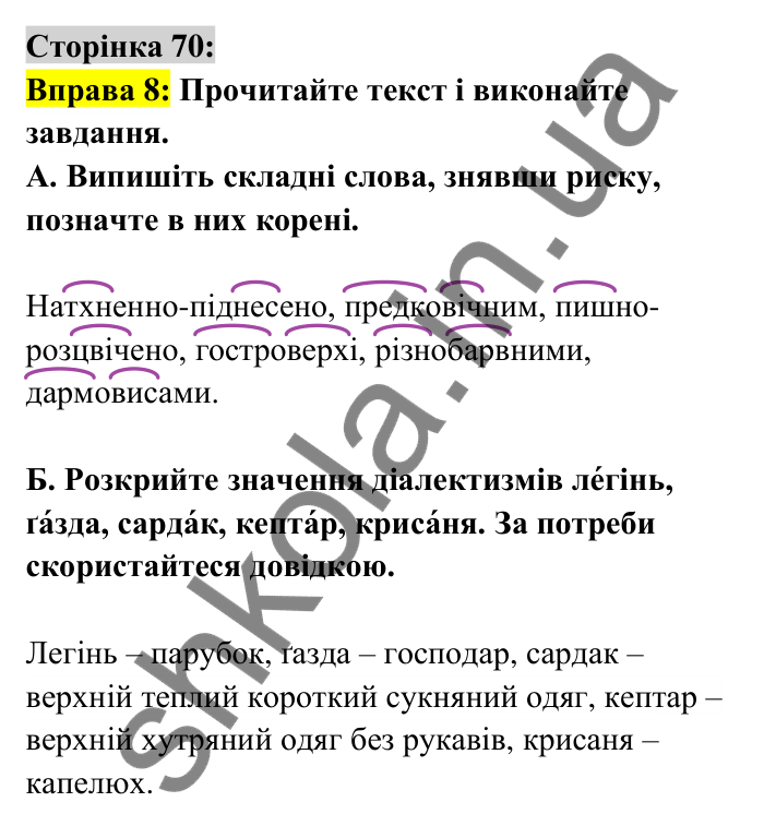 Відповідь до вправи 8 сторінка 70 ГДЗ Українська мова 6 клас Авраменко 2023