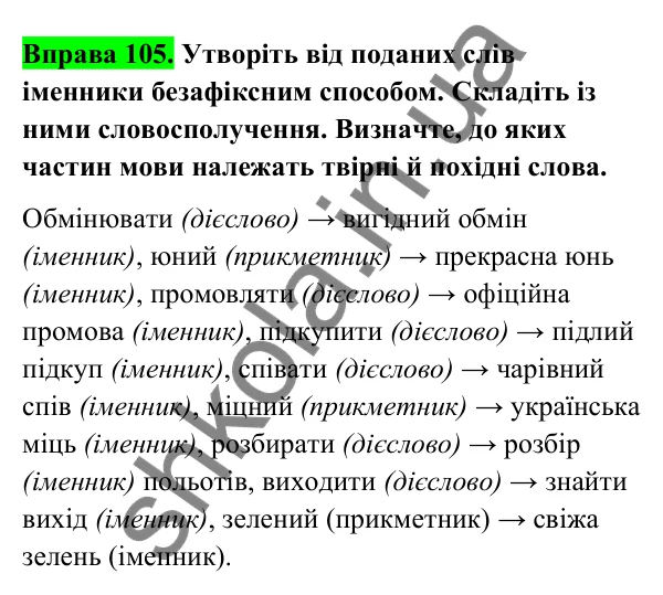 Відповідь до вправи 105 (с. 44) з української мови для 6 класу (Голуб, 2023): Безафіксний спосіб творення