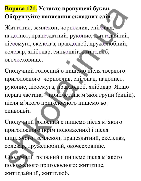 Відповідь до вправи 121 (с. 50) з української мови для 6 класу (Голуб, 2023): Правопис складних слів