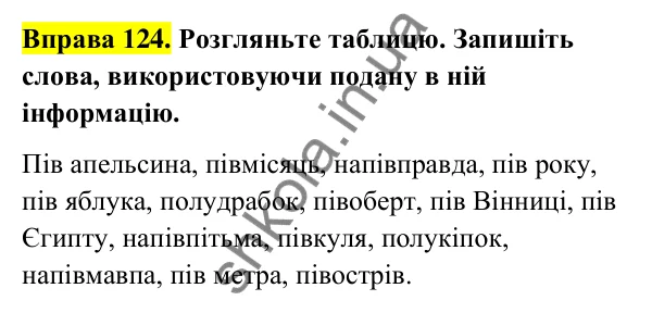 Відповідь до вправи 124 (с. 51) з української мови для 6 класу (Голуб, 2023): Правопис складних слів