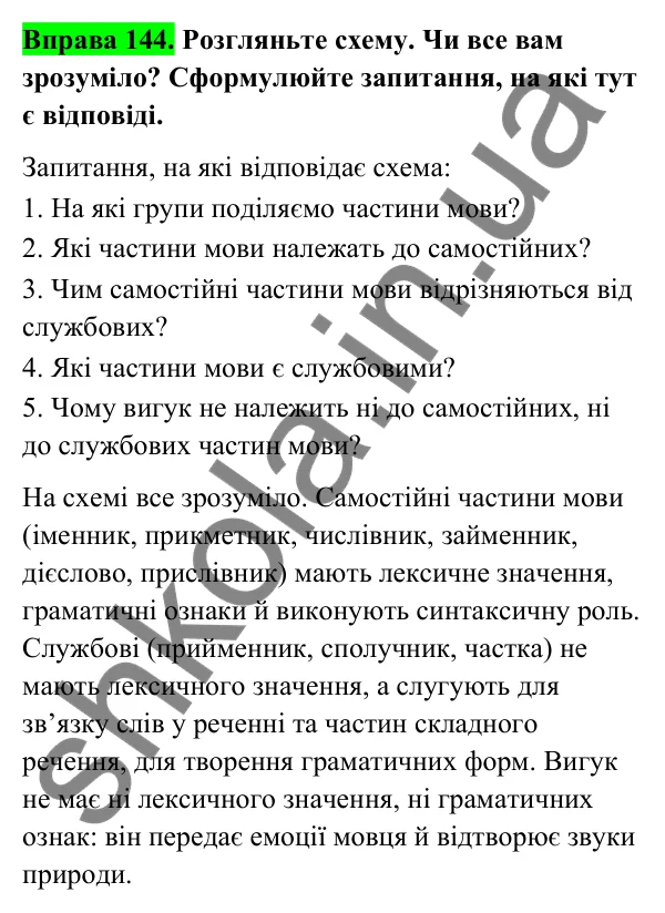 Відповідь до вправи 144 (с. 58) з української мови для 6 класу (Голуб, 2023): Загальна характеристика частин мови. Службові частини мови. Вигук