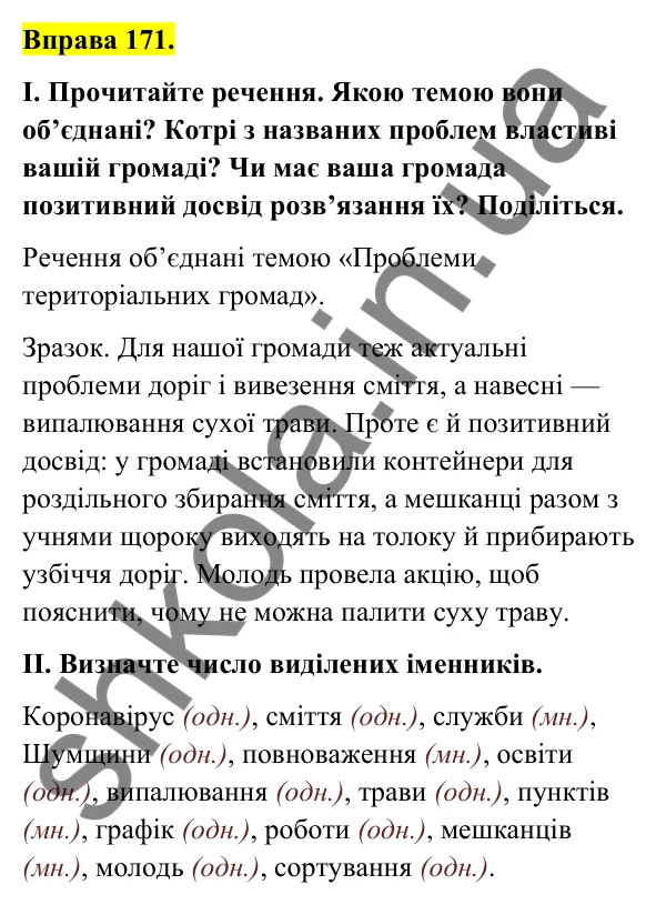 Відповідь до вправи 171 (с. 70) з української мови для 6 класу (Голуб, 2023): Число іменників. Збірні іменники