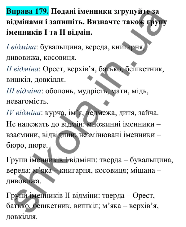 Відповідь до вправи 179 (с. 75) з української мови для 6 класу (Голуб, 2023): Поділ іменників на відміни та групи. Відмінювання іменників І відміни