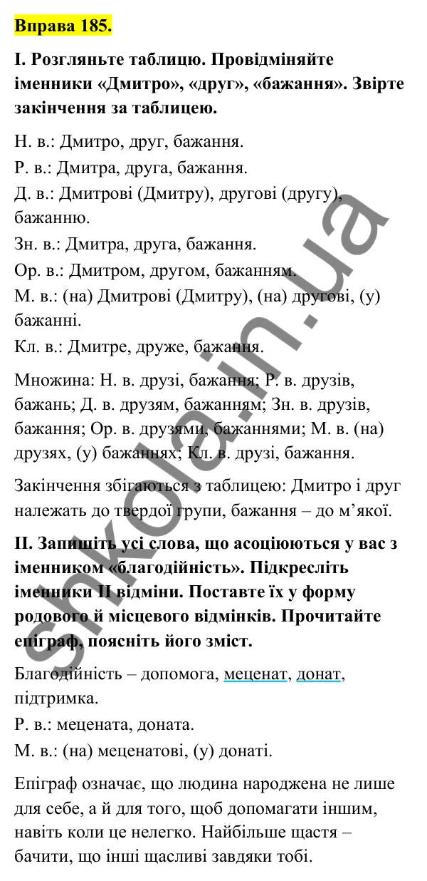 Відповідь до вправи 185 (с. 78) з української мови для 6 класу (Голуб, 2023): Відмінювання іменників ІІ відміни