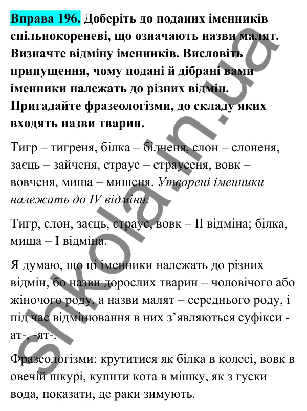 Відповідь до вправи 196 (с. 84) з української мови для 6 класу (Голуб, 2023): Відмінювання іменників ІV відміни