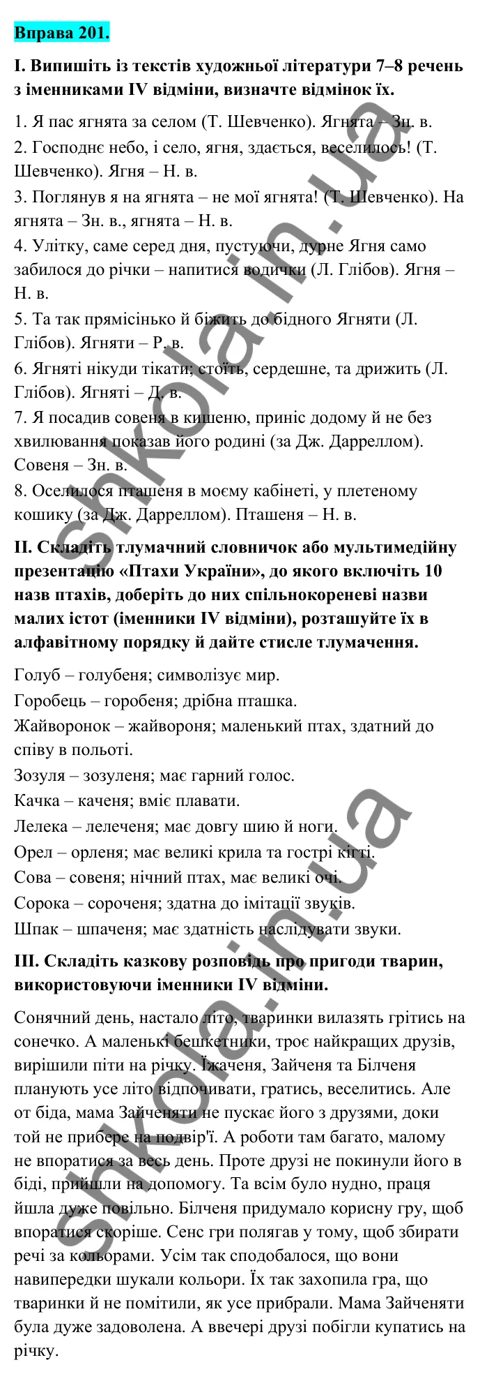 Відповідь до вправи 201 (с. 86) з української мови для 6 класу (Голуб, 2023): Відмінювання іменників ІV відміни