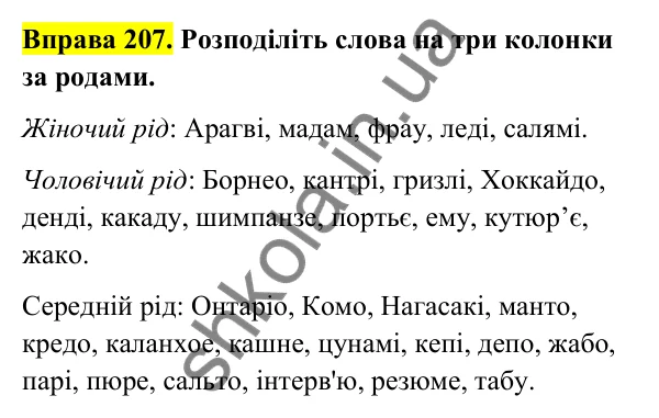 Відповідь до вправи 207 (с. 89) з української мови для 6 класу (Голуб, 2023): Незмінювані іменники. Рід незмінюваних іменників