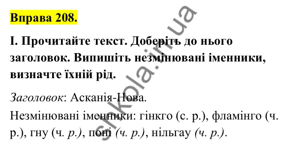 Відповідь до вправи 208 (с. 89) з української мови для 6 класу (Голуб, 2023): Незмінювані іменники. Рід незмінюваних іменників