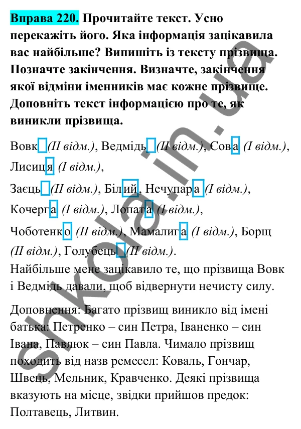 Відповідь до вправи 220 (с. 94) з української мови для 6 класу (Голуб, 2023): Написання й відмінювання чоловічих і жіночих прізвищ