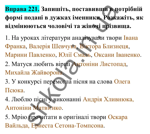 Відповідь до вправи 221 (с. 95) з української мови для 6 класу (Голуб, 2023): Написання й відмінювання чоловічих і жіночих прізвищ