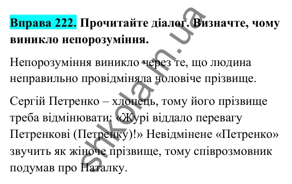 Відповідь до вправи 222 (с. 95) з української мови для 6 класу (Голуб, 2023): Написання й відмінювання чоловічих і жіночих прізвищ