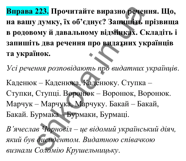 Відповідь до вправи 223 (с. 95) з української мови для 6 класу (Голуб, 2023): Написання й відмінювання чоловічих і жіночих прізвищ
