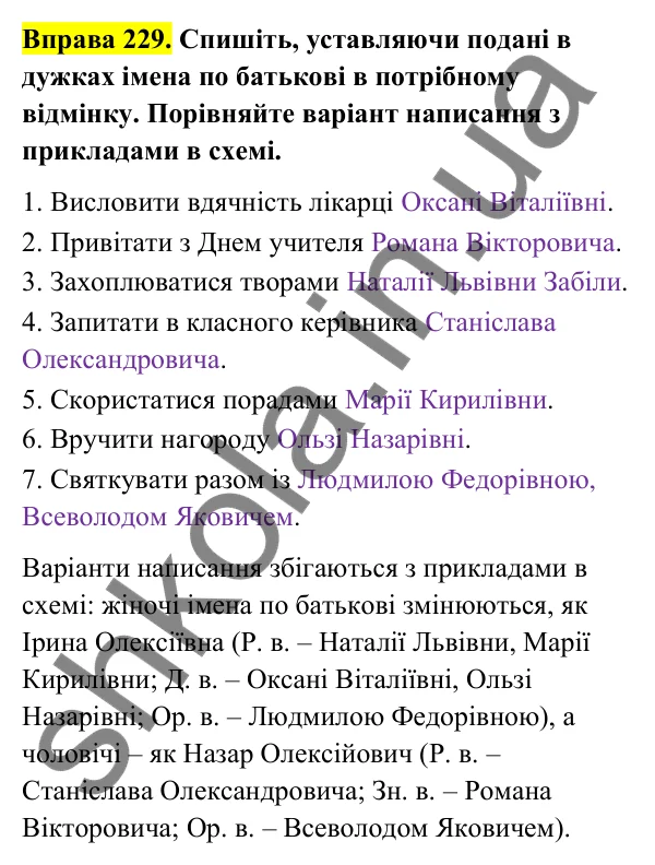 Відповідь до вправи 229 (с. 98) з української мови для 6 класу (Голуб, 2023): Написання й відмінювання чоловічих і жіночих імен по батькові
