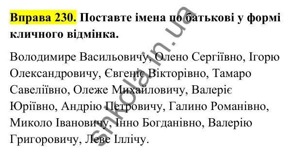 Відповідь до вправи 230 (с. 98) з української мови для 6 класу (Голуб, 2023): Написання й відмінювання чоловічих і жіночих імен по батькові