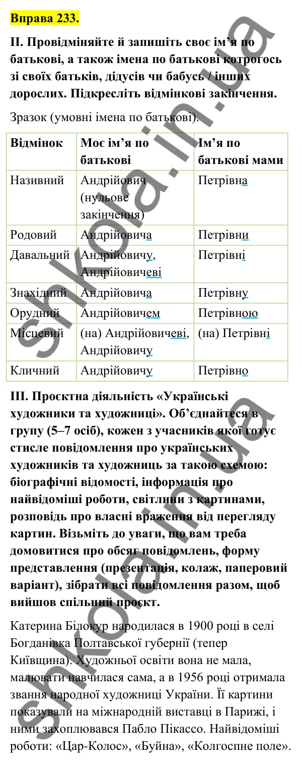 Відповідь до вправи 233 (с. 100) з української мови для 6 класу (Голуб, 2023): Написання й відмінювання чоловічих і жіночих імен по батькові
