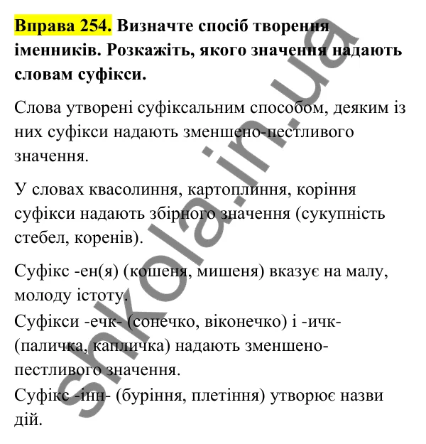 Відповідь до вправи 254 (с. 106) з української мови для 6 класу (Голуб, 2023): Правопис іменникових суфіксів