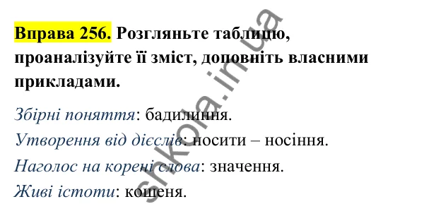 Відповідь до вправи 256 (с. 107) з української мови для 6 класу (Голуб, 2023): Правопис іменникових суфіксів