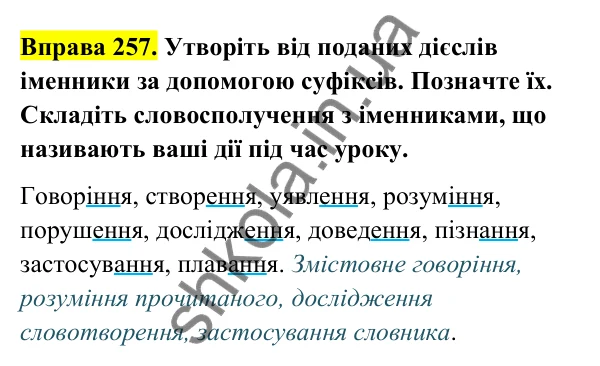 Відповідь до вправи 257 (с. 107) з української мови для 6 класу (Голуб, 2023): Правопис іменникових суфіксів