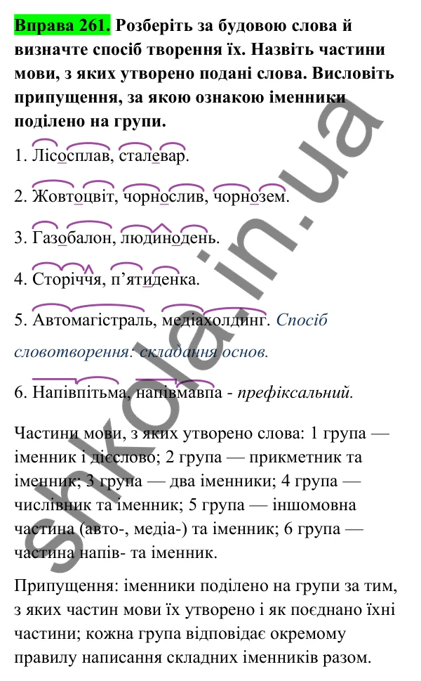 Відповідь до вправи 261 (с. 108) з української мови для 6 класу (Голуб, 2023): Правопис складних іменників