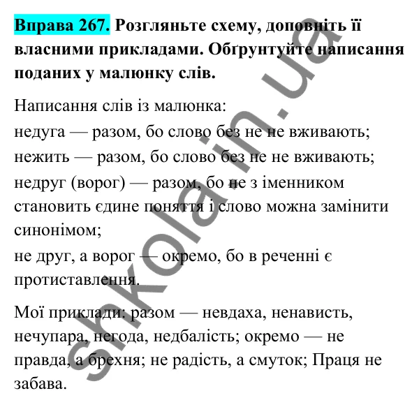 Відповідь до вправи 267 (с. 111) з української мови для 6 класу (Голуб, 2023): Написання не з іменниками