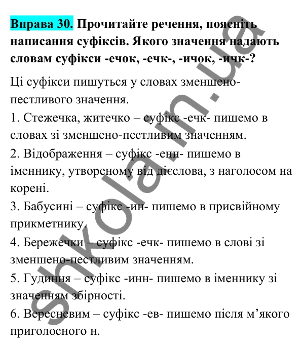 Відповідь до вправи 30 (с. 17) з української мови для 6 класу (Голуб, 2023): Правила написання суфіксів