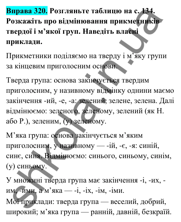 Відповідь до вправи 320 (с. 133) з української мови для 6 класу (Голуб, 2023): Прикметники твердої і м’якої груп. Відмінювання прикметників