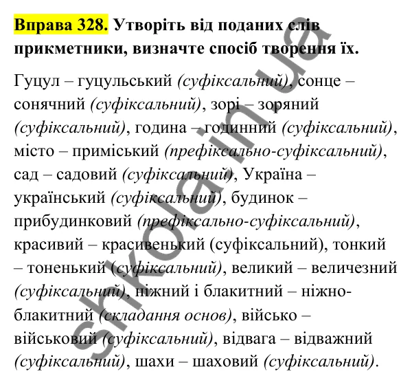 Відповідь до вправи 328 (с. 137) з української мови для 6 класу (Голуб, 2023): Творення прикметників. Перехід прикметників в іменники