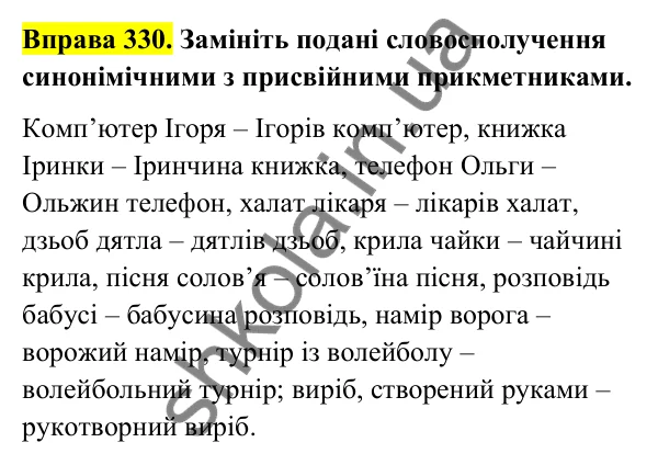 Відповідь до вправи 330 (с. 137) з української мови для 6 класу (Голуб, 2023): Творення прикметників. Перехід прикметників в іменники
