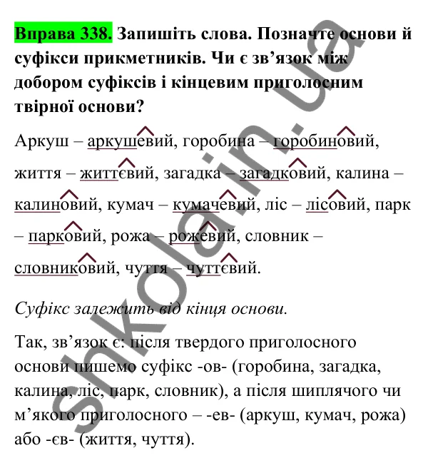 Відповідь до вправи 338 (с. 139) з української мови для 6 класу (Голуб, 2023): Написання суфіксів прикметників