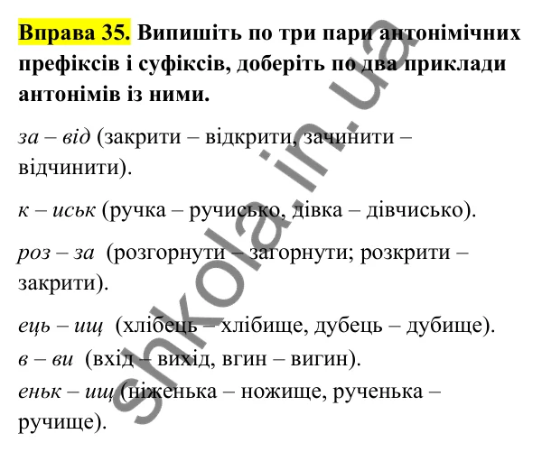 Відповідь до вправи 35 (с. 19) з української мови для 6 класу (Голуб, 2023): Антонімічні префікси і суфікси