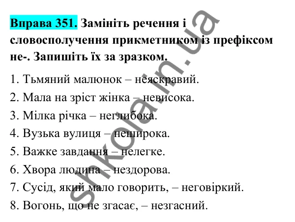 Відповідь до вправи 351 (с. 143) з української мови для 6 класу (Голуб, 2023): Написання не з прикметниками