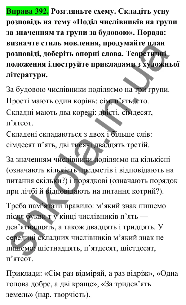 Відповідь до вправи 392 (с. 156) з української мови для 6 класу (Голуб, 2023): Числівники кількісні і порядкові, прості, складні та складені