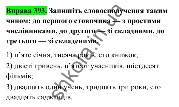 Відповідь до вправи 393 (с. 157) з української мови для 6 класу (Голуб, 2023): Числівники кількісні і порядкові, прості, складні та складені