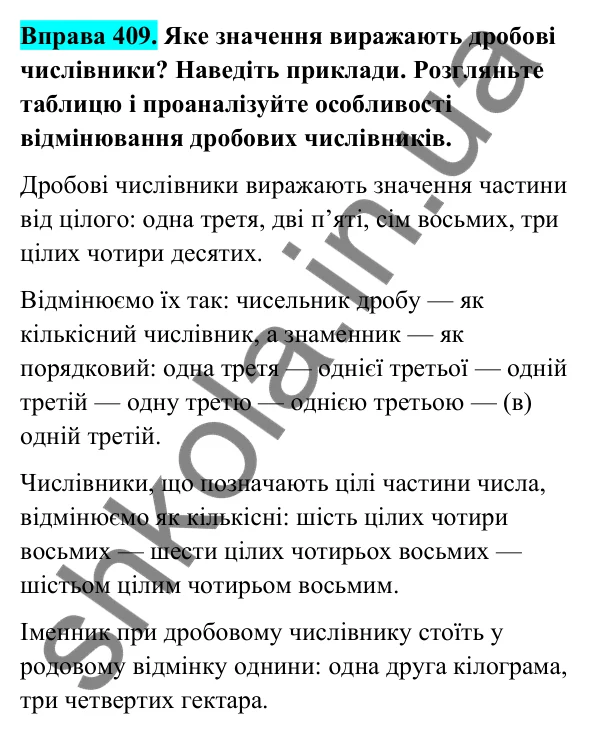 Відповідь до вправи 409 (с. 163) з української мови для 6 класу (Голуб, 2023): Відмінювання числівників