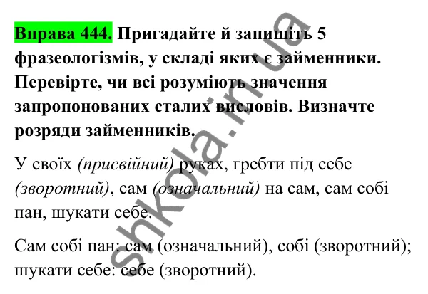 Відповідь до вправи 444 (с. 175) з української мови для 6 класу (Голуб, 2023): Розряди займенників за значенням