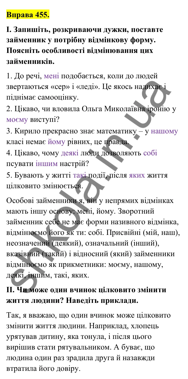 Відповідь до вправи 455 (с. 180) з української мови для 6 класу (Голуб, 2023): Відмінювання займенників