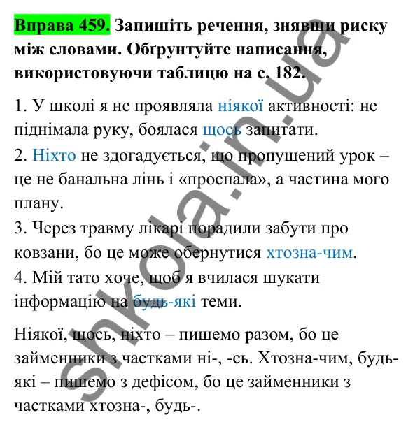 Відповідь до вправи 459 (с. 181) з української мови для 6 класу (Голуб, 2023): Правопис неозначених і заперечних займенників