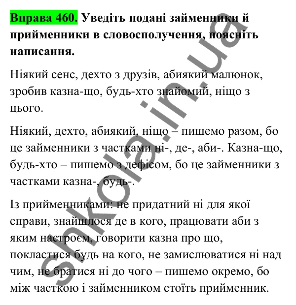Відповідь до вправи 460 (с. 182) з української мови для 6 класу (Голуб, 2023): Правопис неозначених і заперечних займенників