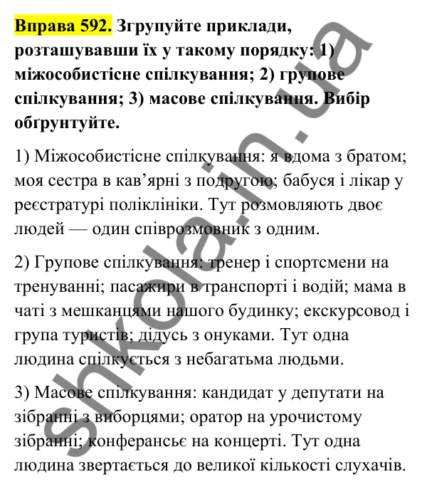 Відповідь до вправи 592 (с. 243) з української мови для 6 класу (Голуб, 2023): Міжособистісне, групове й масове спілкування