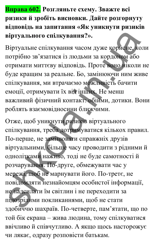 Відповідь до вправи 602 (с. 246) з української мови для 6 класу (Голуб, 2023): Ризики віртуального спілкування