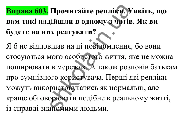 Відповідь до вправи 603 (с. 246) з української мови для 6 класу (Голуб, 2023): Ризики віртуального спілкування