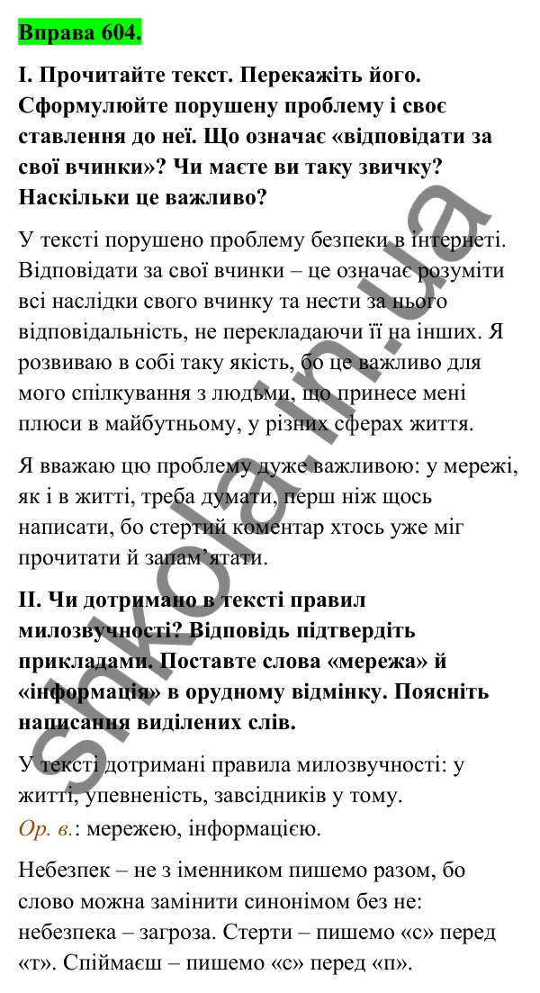 Відповідь до вправи 604 (с. 246) з української мови для 6 класу (Голуб, 2023): Ризики віртуального спілкування