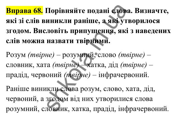 Відповідь до вправи 68 (с. 32) з української мови для 6 класу (Голуб, 2023): Змінювання і творення слів