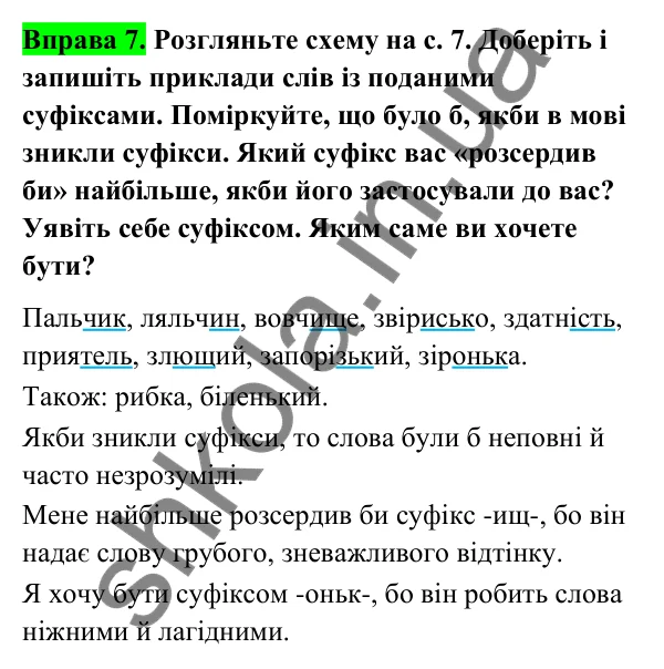 Відповідь до вправи 7 (с. 8) з української мови для 6 класу (Голуб, 2023): Будова слова: повторення вивченого