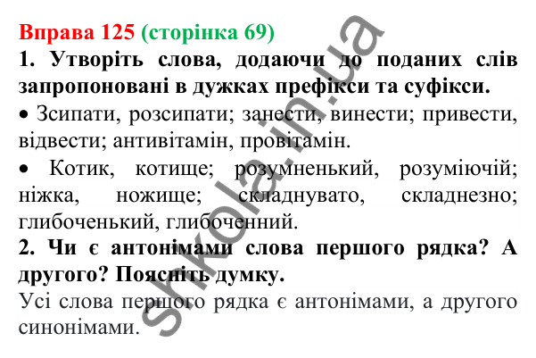 Відповідь до вправи 125 (с. 69) з української мови для 6 класу (Літвінова, 2023): Антонімічні префікси й суфікси