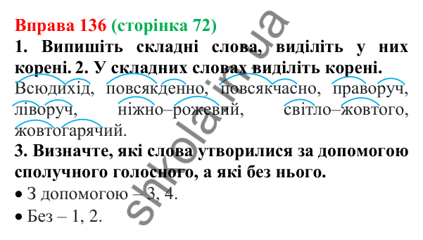 Відповідь до вправи 136 (с. 72) з української мови для 6 класу (Літвінова, 2023): Складні слова