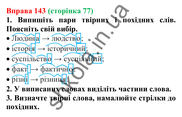 Відповідь до вправи 143 (с. 77) з української мови для 6 класу (Літвінова, 2023): Словотвір. Твірне слово